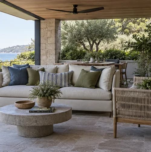 Covered Australian terrace with a sofa and mixed outdoor cushions