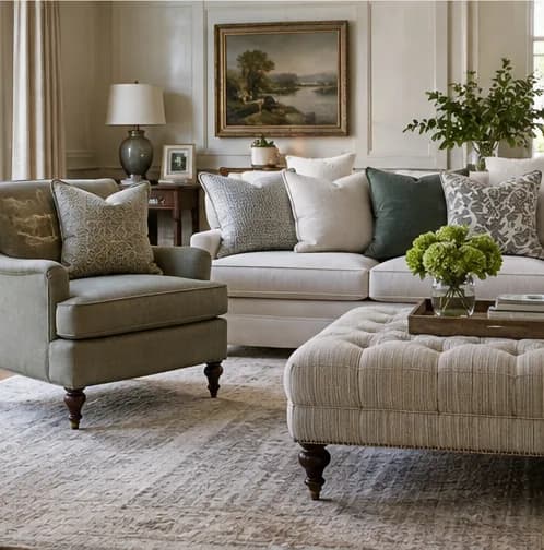 Coordinated sofa, armchair, ottoman and cushions in one living room
