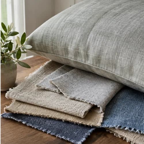 European linen samples and a finished washed-linen cushion