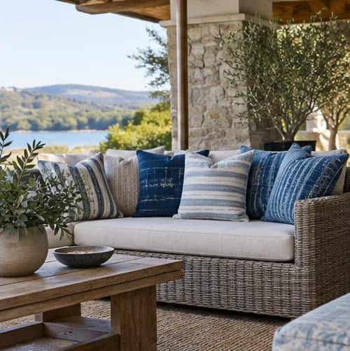 Blue and neutral outdoor cushions in a covered terrace setting