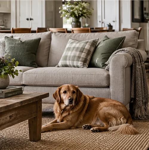 Family living room with upholstered seating, cushions and a resting dog