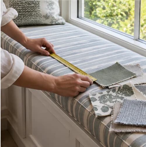 Window-seat cushion being measured beside fabric samples