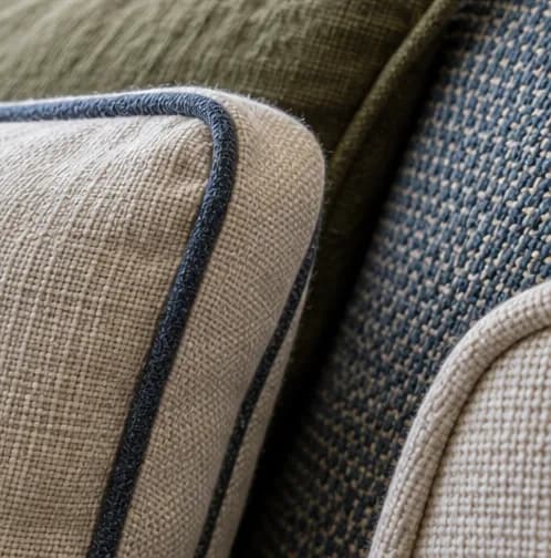 Close view of woven outdoor textiles and tailored piping