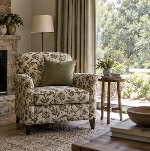Patterned armchair beside plain curtains and a tonal cushion