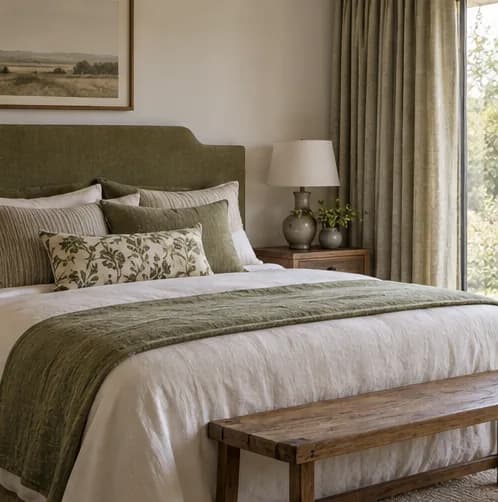 Bedhead, curtains, bed cushions and runner considered together