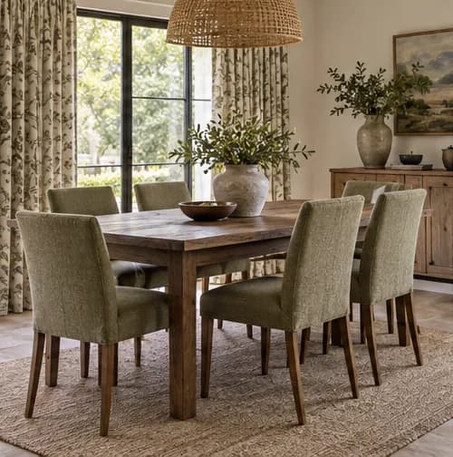 Curtains and upholstered dining chairs in a connected palette