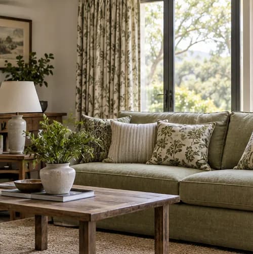 Curtains and cushions coordinated in a furnished room