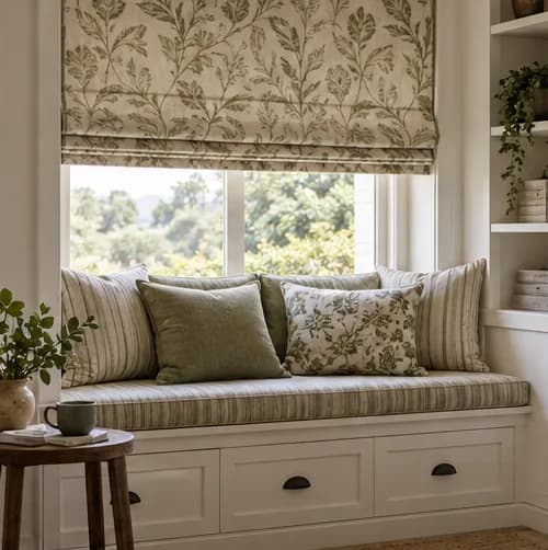 Roman blind coordinated with an upholstered window seat and cushions