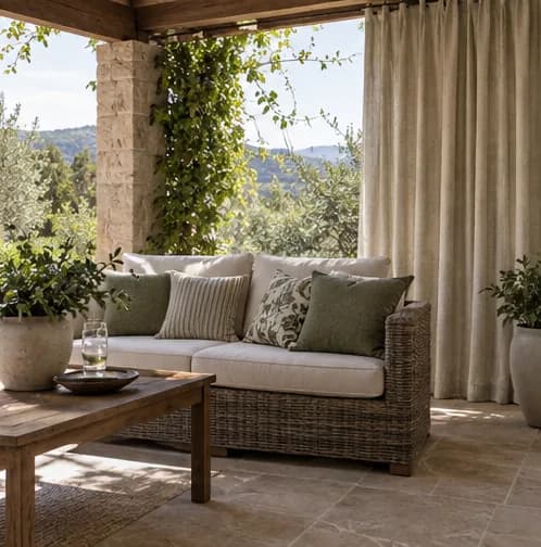 Covered terrace with outdoor curtain and coordinated cushions