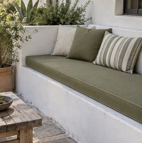 Outdoor bench with clean fitted replacement covers