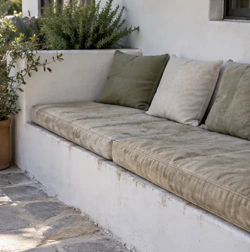 Existing fitted outdoor bench cushions ready for condition assessment