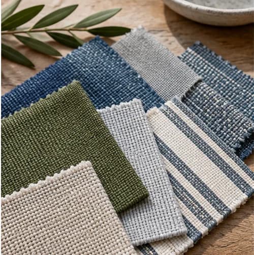 Outdoor woven textile selection in blue, green and neutral tones