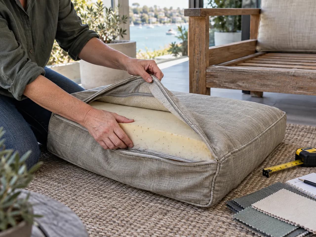 Old outdoor cushion opened for foam assessment