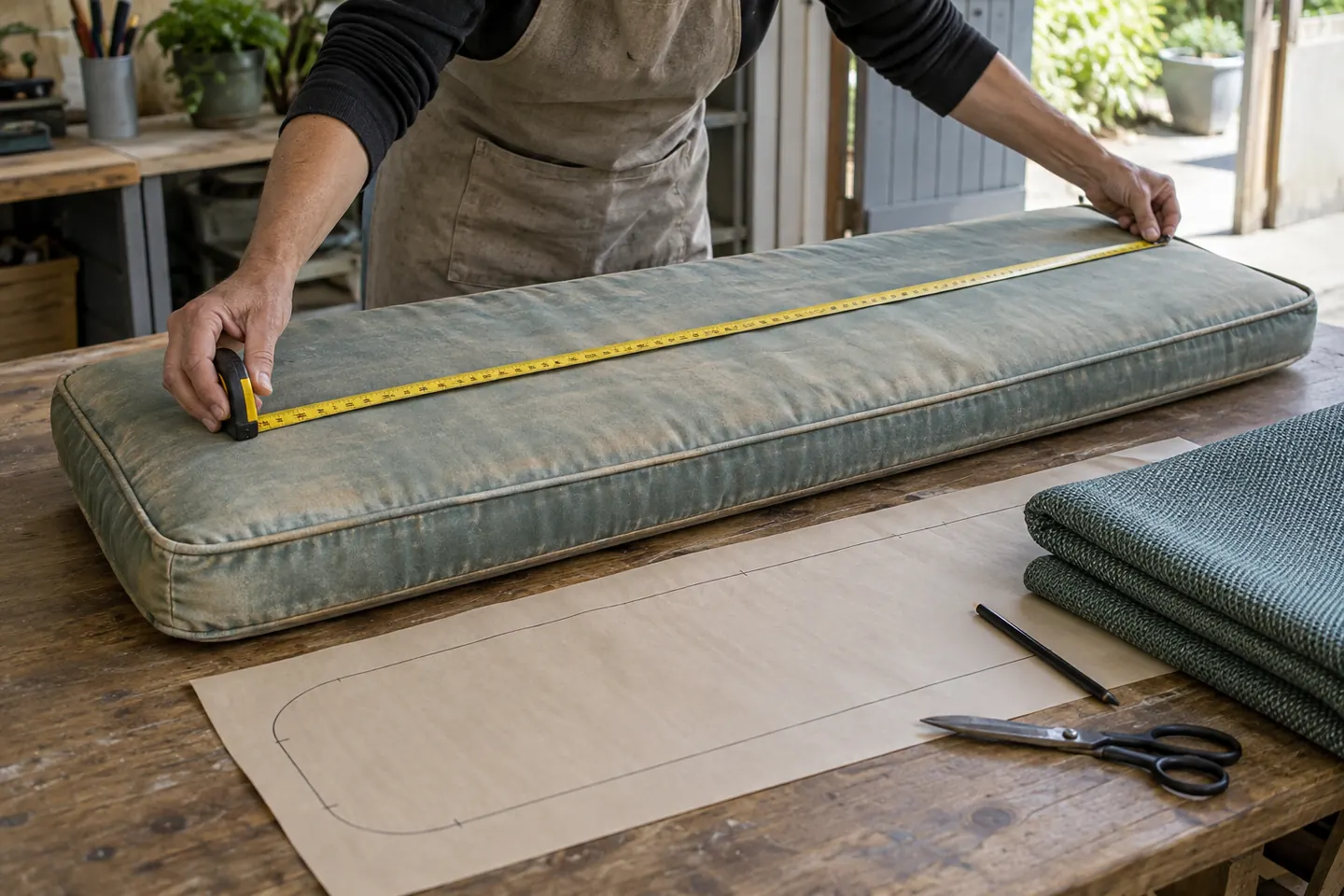 Existing outdoor cushion being measured for a replacement cover