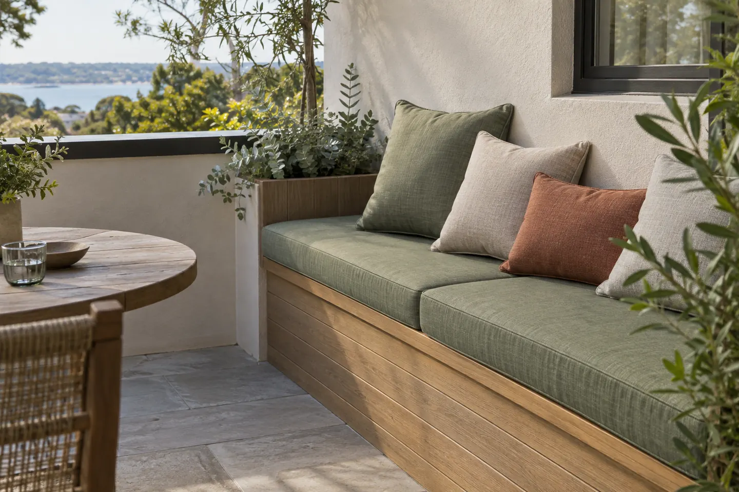 New fitted cushions on an outdoor timber bench
