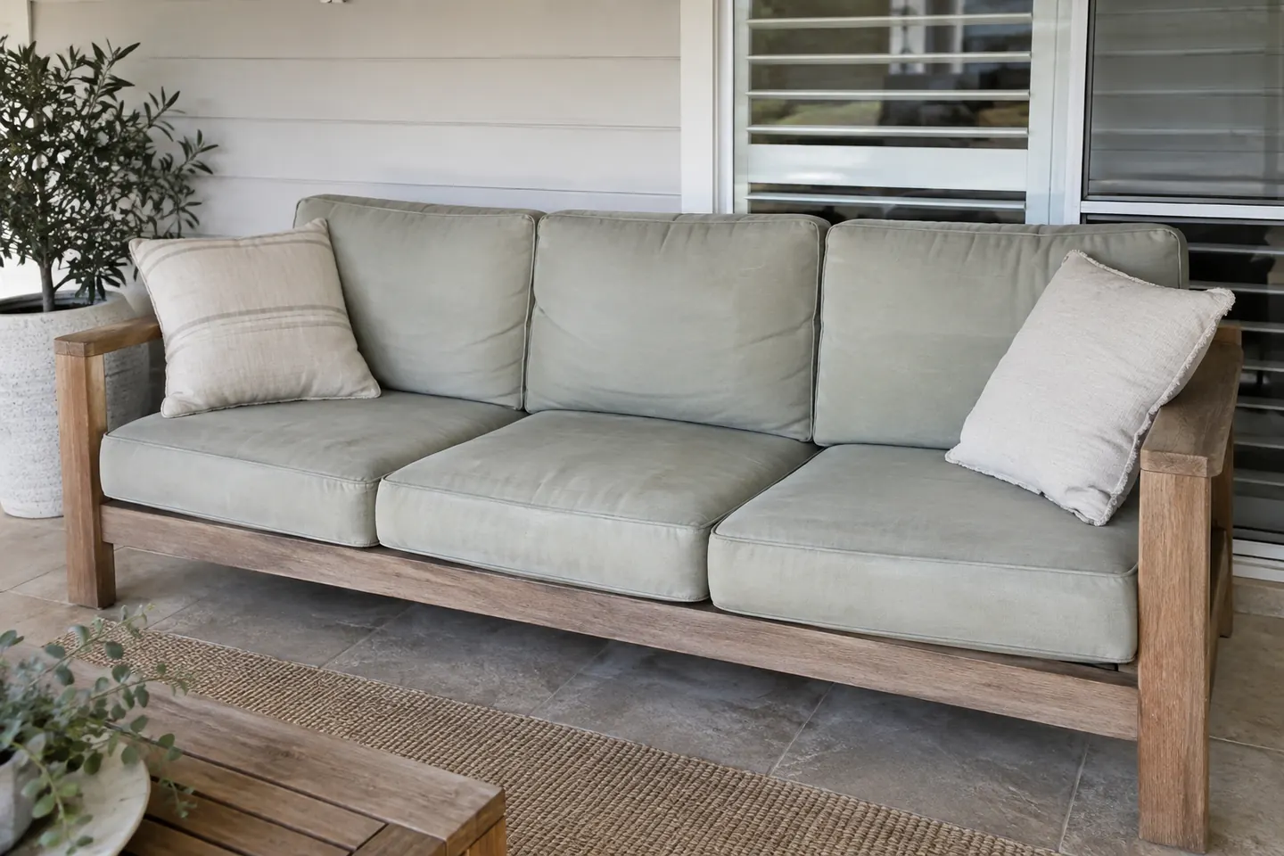 Good outdoor furniture with faded covers to assess