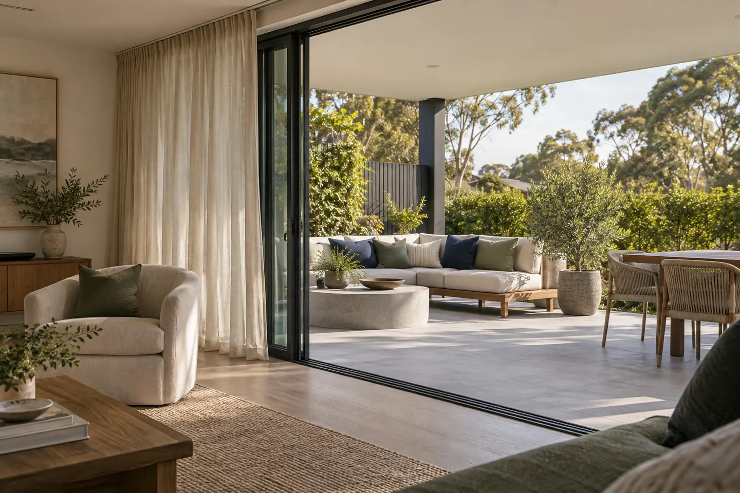 Interior curtains and outdoor furniture connected across sliding doors