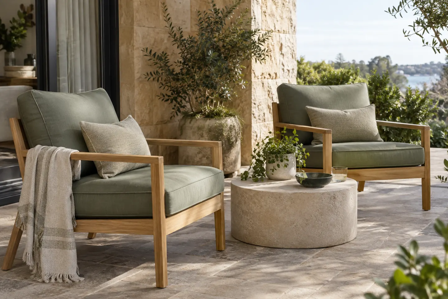 Pair of outdoor timber armchairs with green cushions