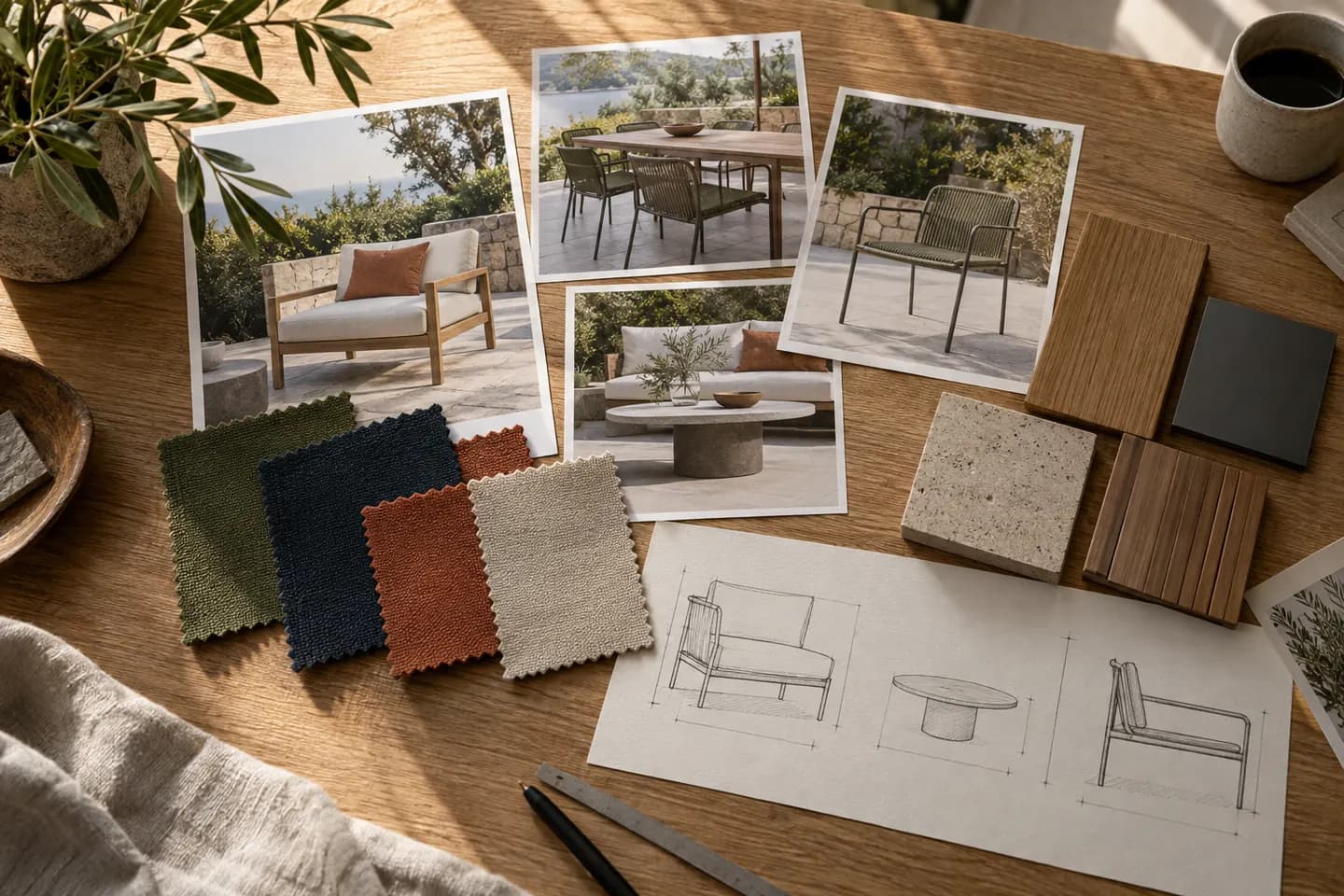 Outdoor furniture material direction with finish and textile references