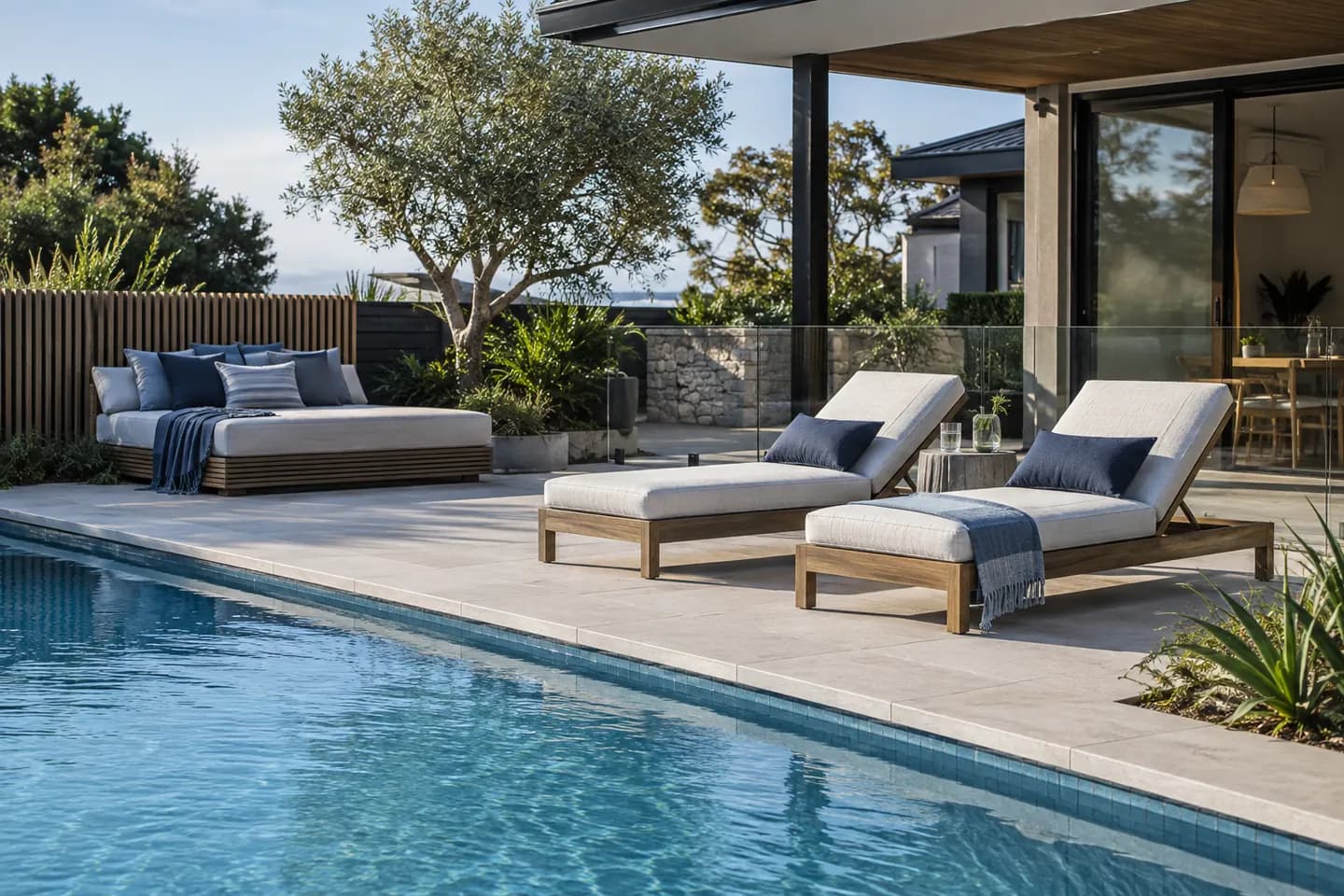 Residential poolside daybed and loungers