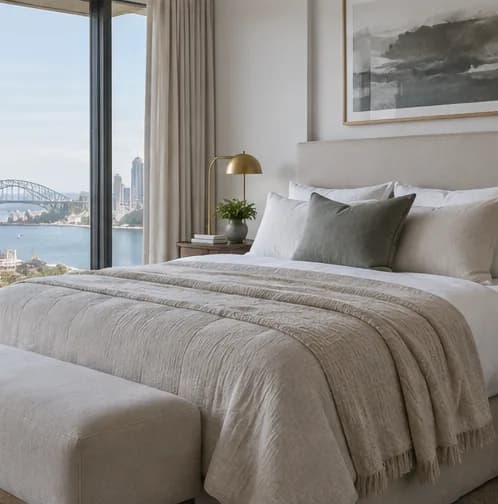 Contemporary Sydney bedroom with an upholstered bedhead and soft furnishings