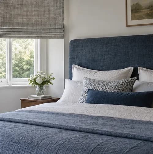 Textured blue upholstered bedhead below a Roman blind