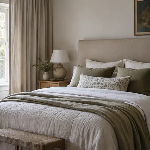 Flax linen bedhead with full curtains and layered bed cushions