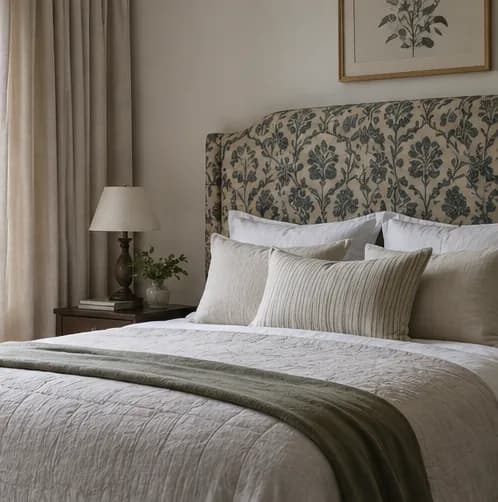 Restrained botanical bedhead with plain curtains