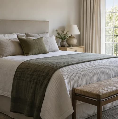Neutral bedroom with an upholstered bedhead and tailored runner