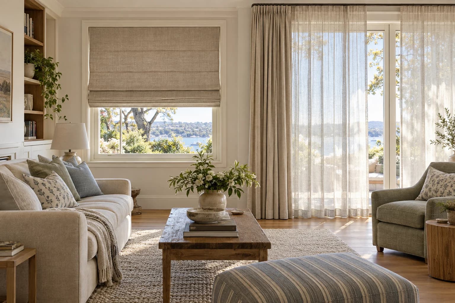 Custom Roman blind, full-height curtains and linen sheers in a bright Australian living room