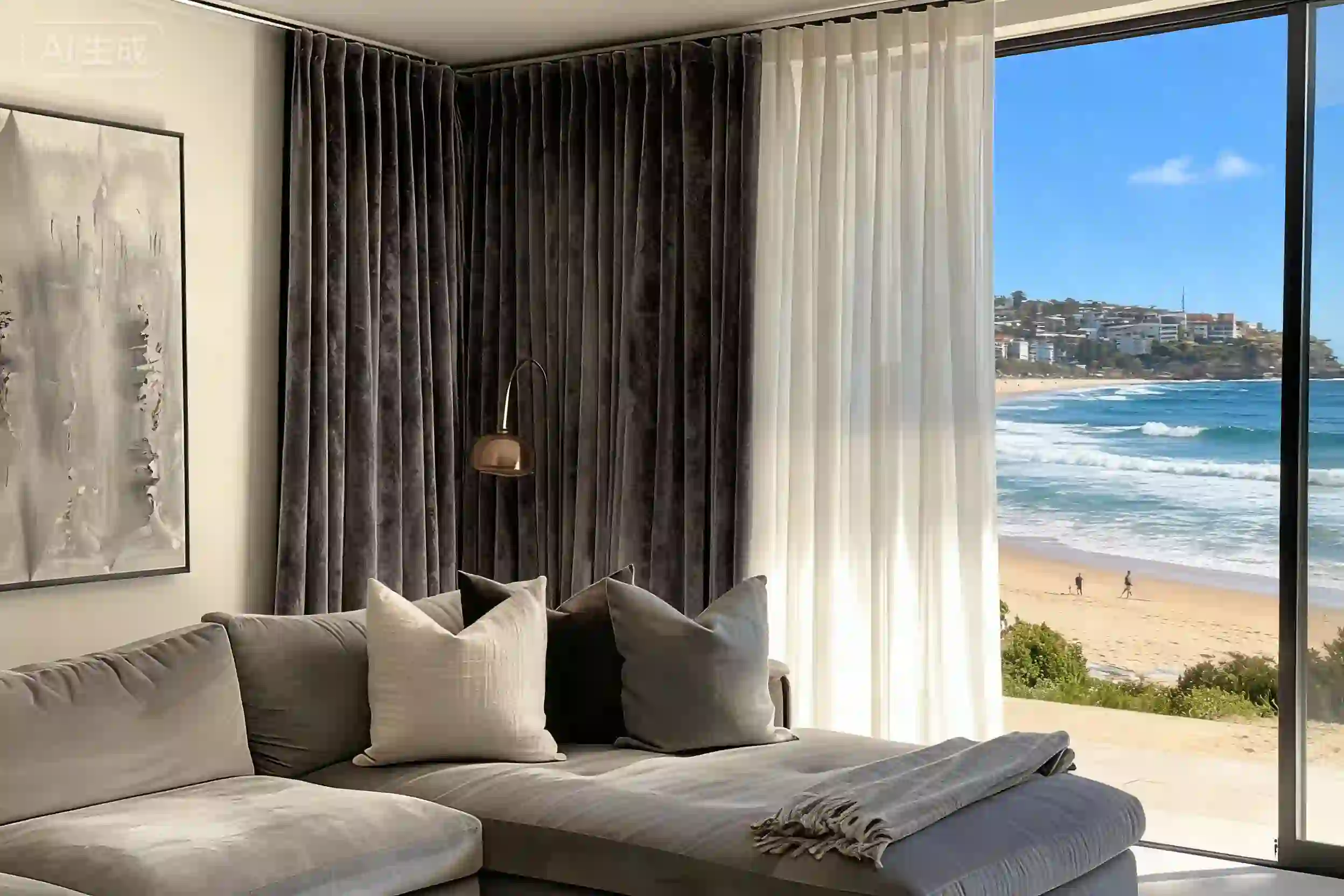 Dark lined curtain and sheer layer working together in a furnished living room