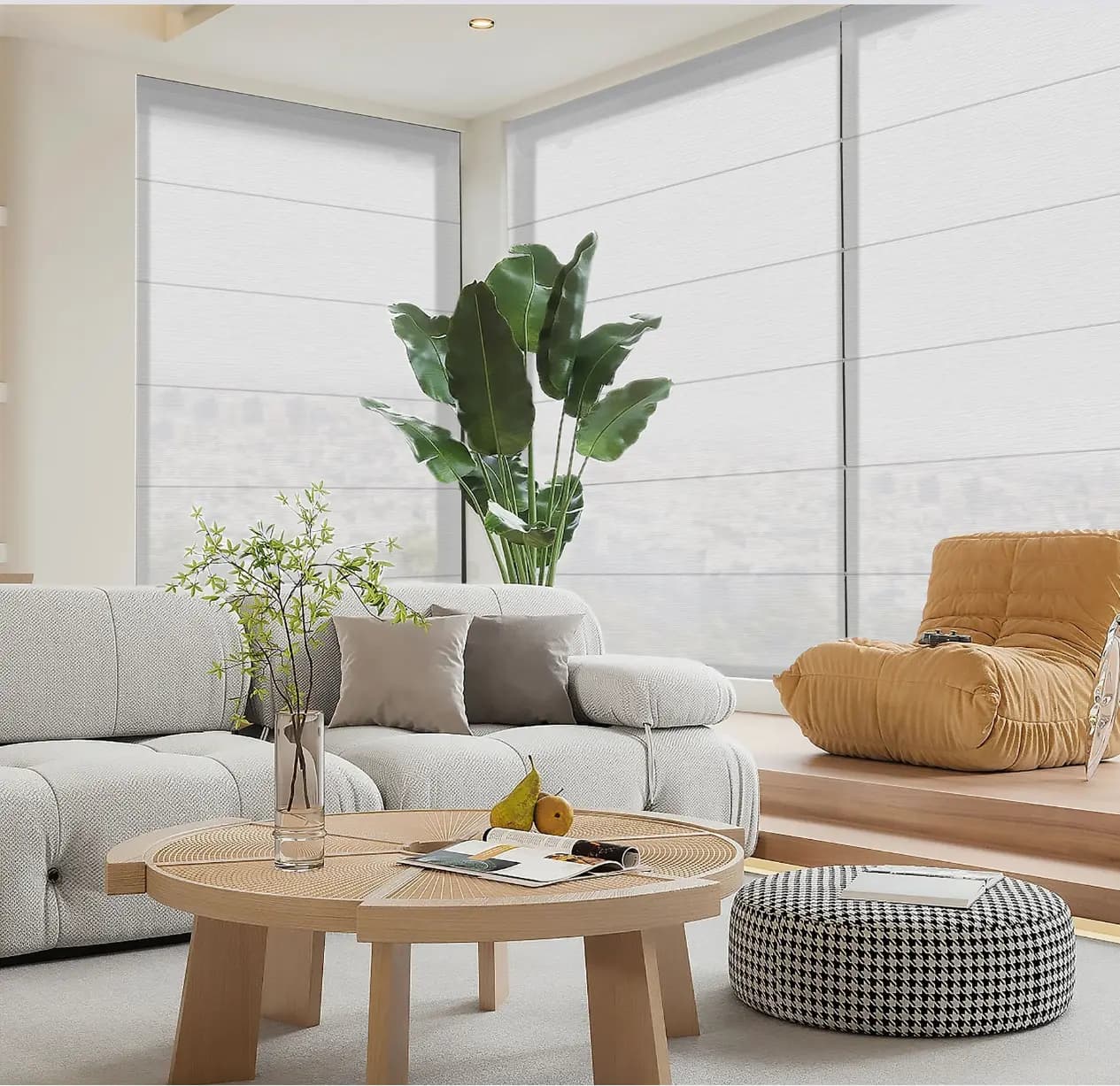 Roman blinds framing two windows in a light-filled living room