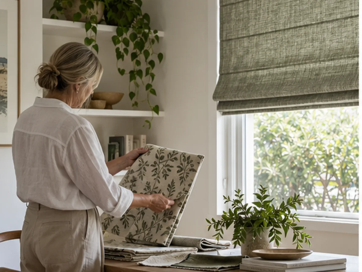 Designer comparing furnishing fabric samples beside a textured Roman blind