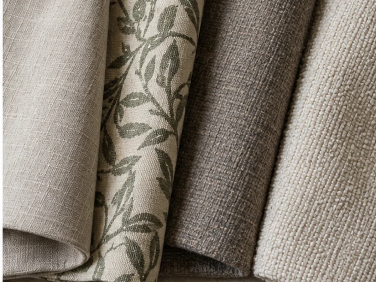Generous samples of stable plain, patterned and textured textiles being assessed for Roman blind construction