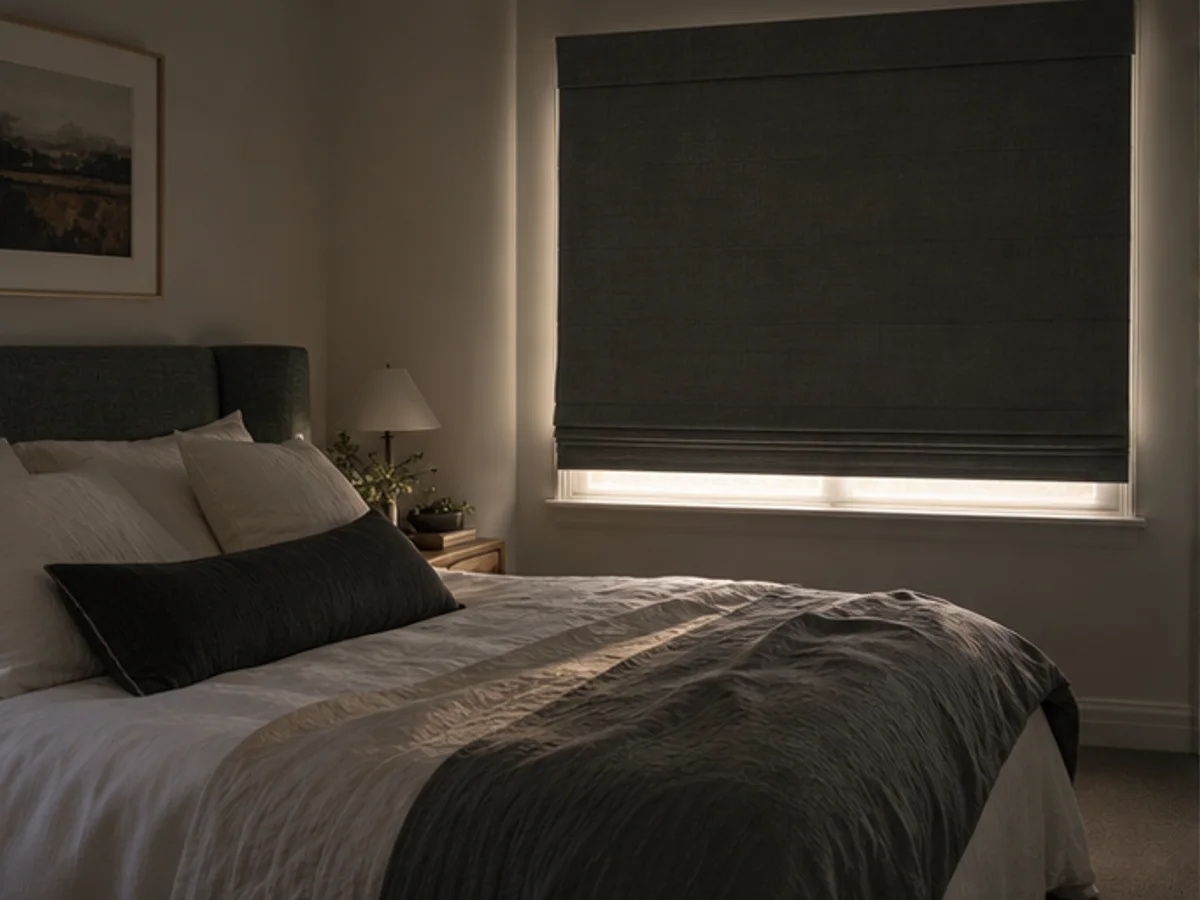A lined dark Roman blind in a bedroom with believable soft perimeter light