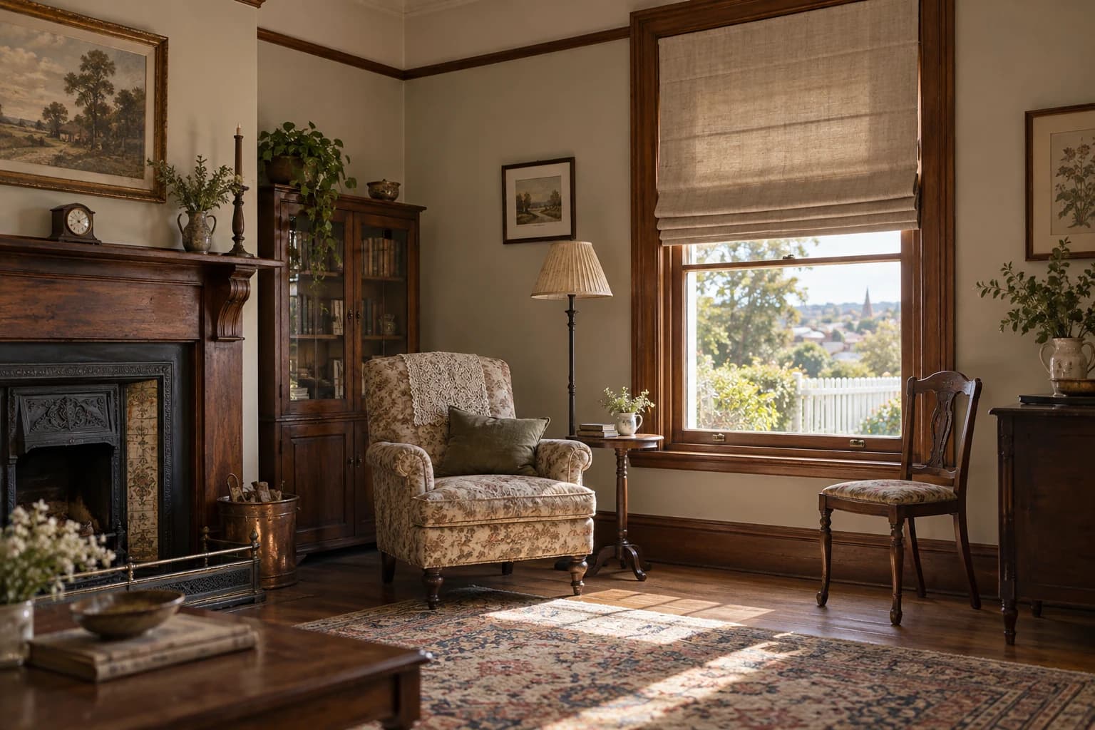 AI-created historical interior interpretation showing an early textile window treatment.