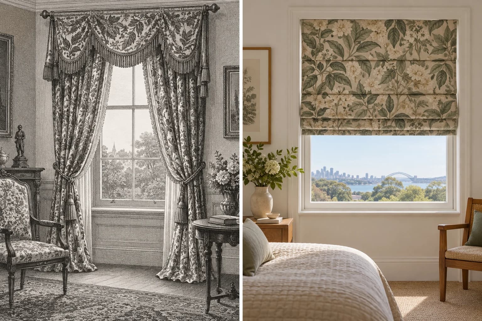 AI-created editorial comparison of period window drapery and a present-day Roman blind.