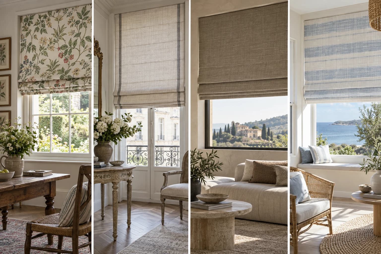Four AI-created interiors comparing different contemporary decorative approaches to Roman blinds.