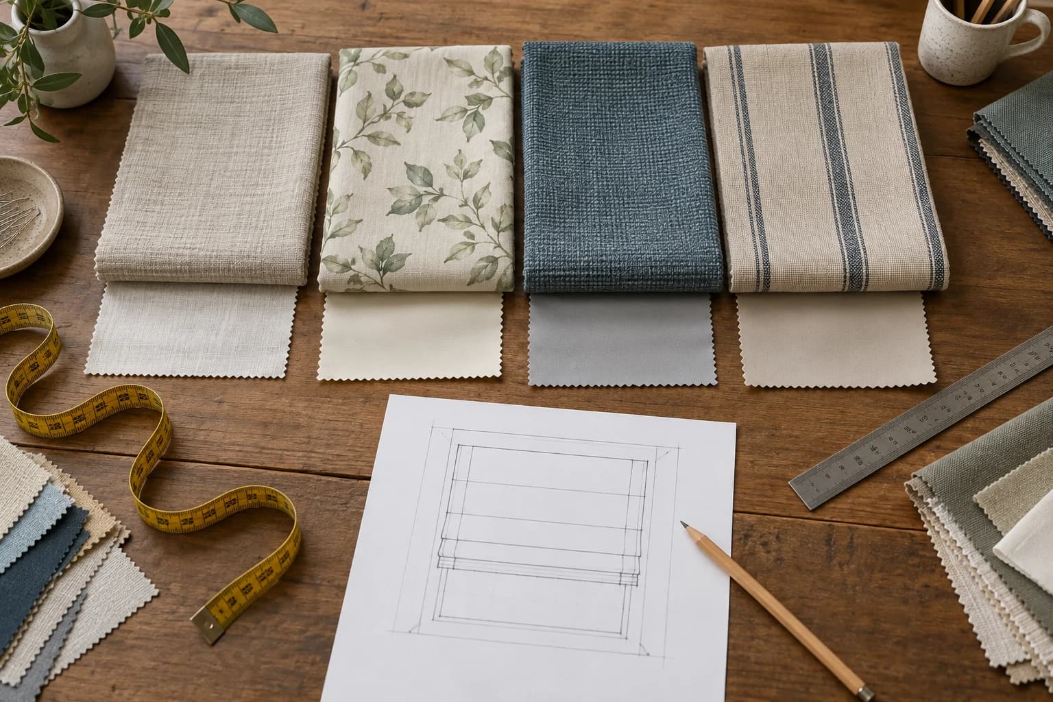 Three candidate furnishing fabrics being assessed by hand for Roman blind suitability.