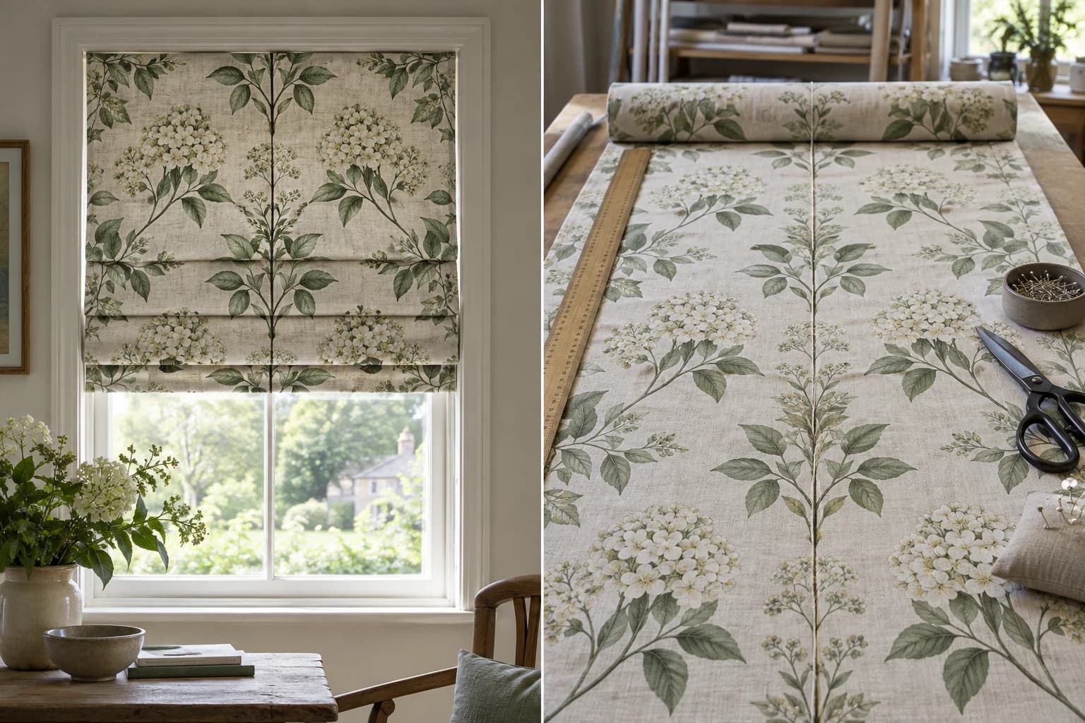 Patterned Roman blind and worktable view showing repeat placement before cutting.