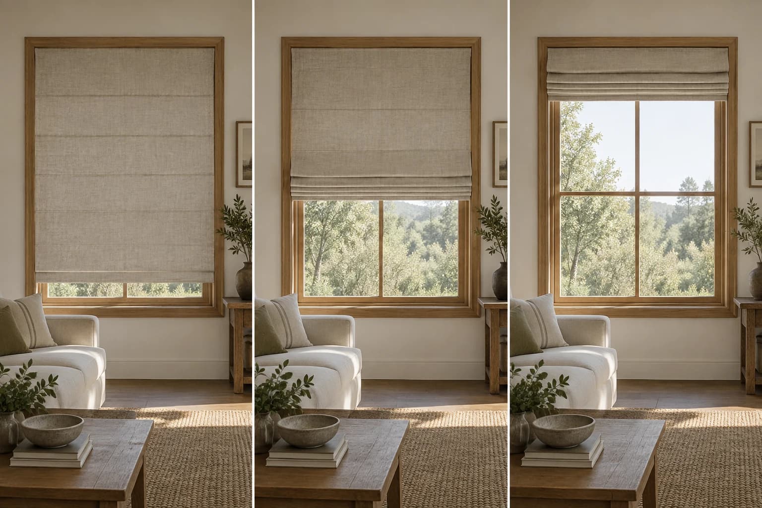 One Roman blind shown lowered, half-raised and raised from the same viewpoint.