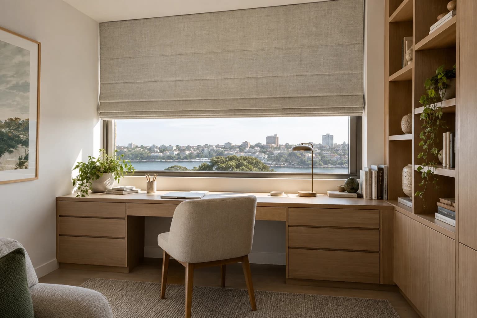 Roman blind installed above a built-in desk in a naturally lit study.