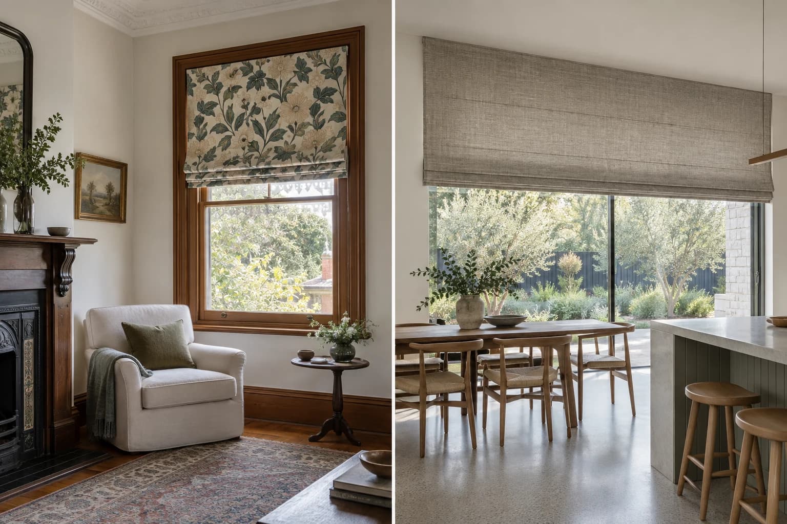 Editorial comparison of a Federation-influenced room and a contemporary Australian room, each with a Roman blind.