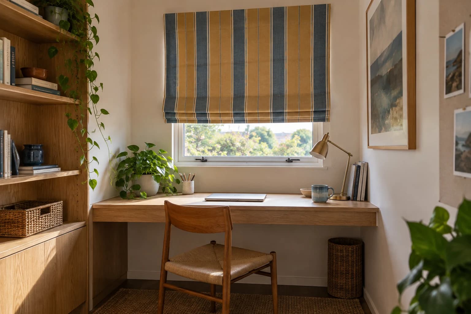A compact study where a striped Roman blind gives a small window a deliberate point of colour above the desk.