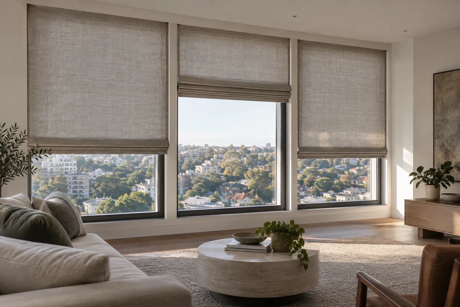 Three coordinated Roman blinds aligned to the window divisions of a contemporary Sydney apartment.