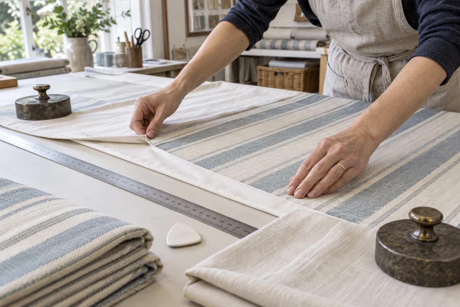 Striped face fabric and lining being squared and aligned on a professional worktable.