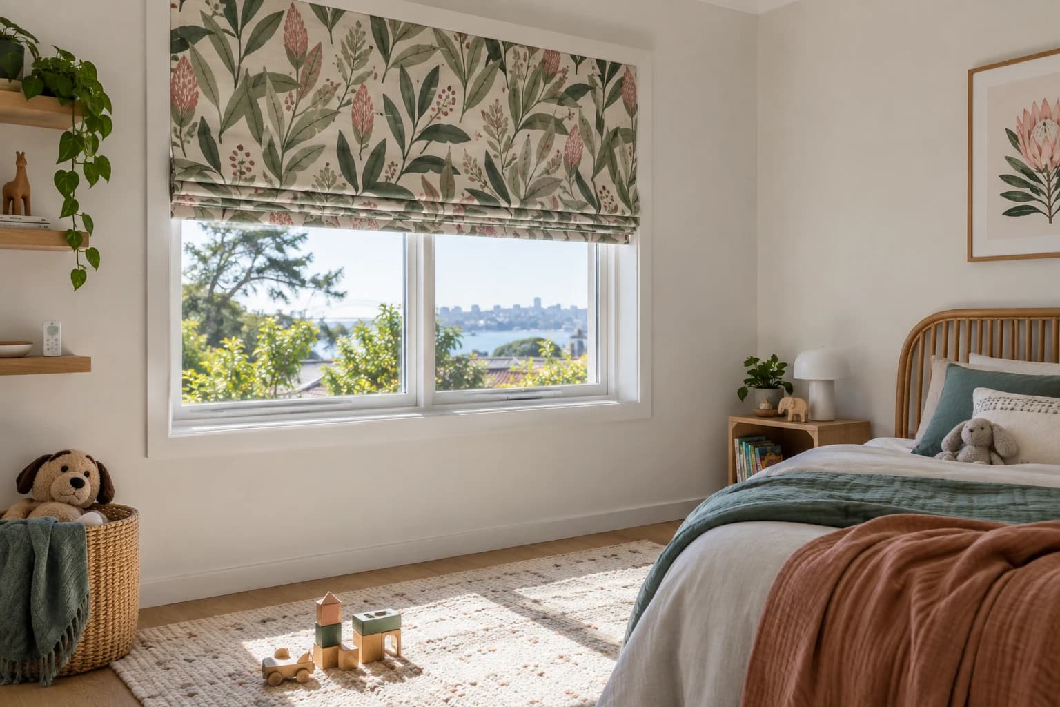 Cord-free motorised Roman blind in a child’s bedroom with furniture positioned sensibly around the window.