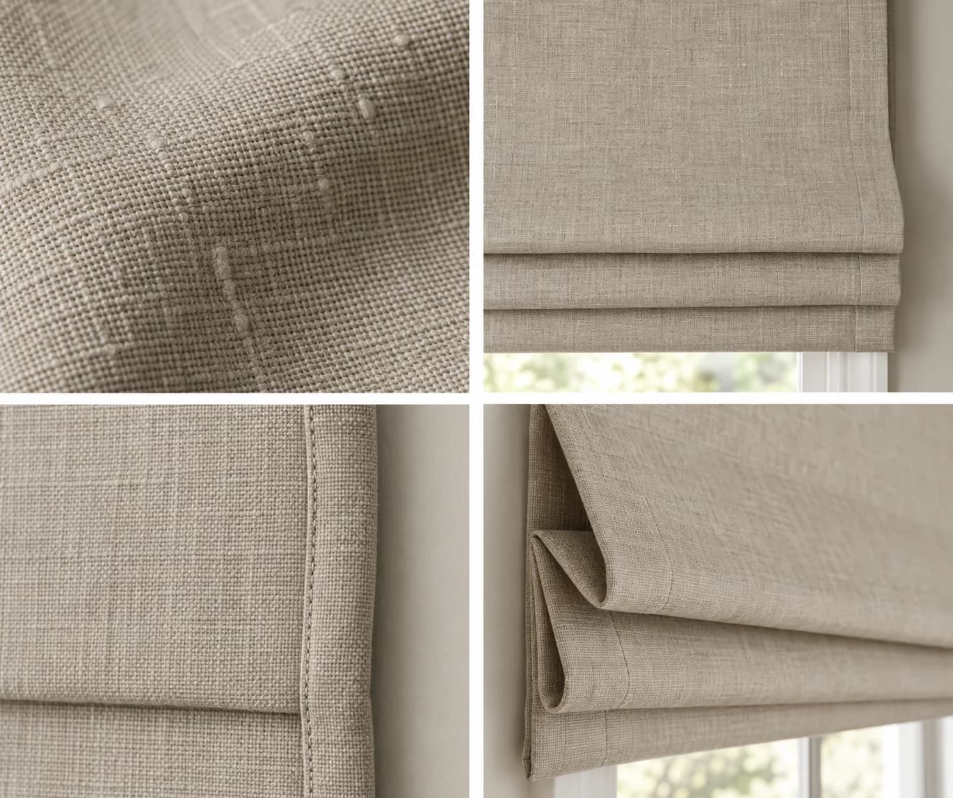 Four close details showing linen weave, fold, stitching and Roman blind depth