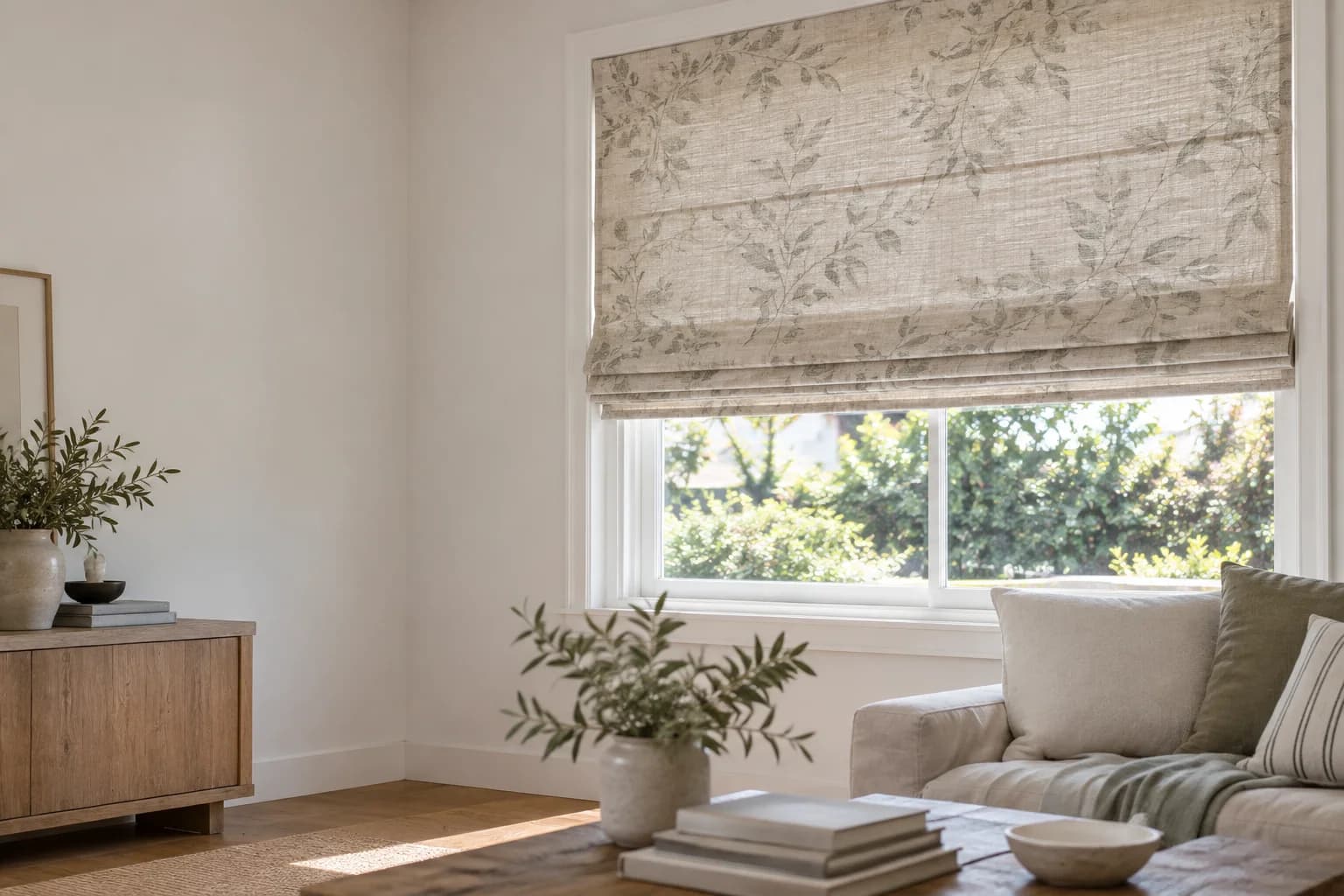 Finished patterned linen Roman blind in a calm Sydney living room