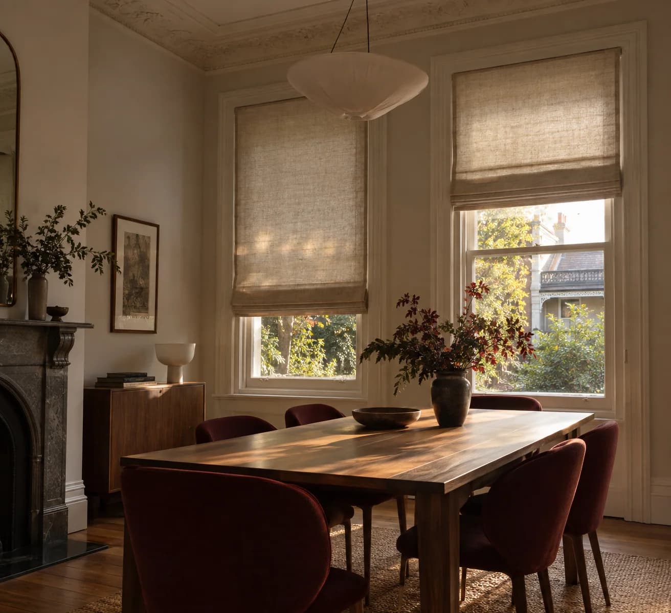 Pair of natural linen Roman blinds in a Federation dining room